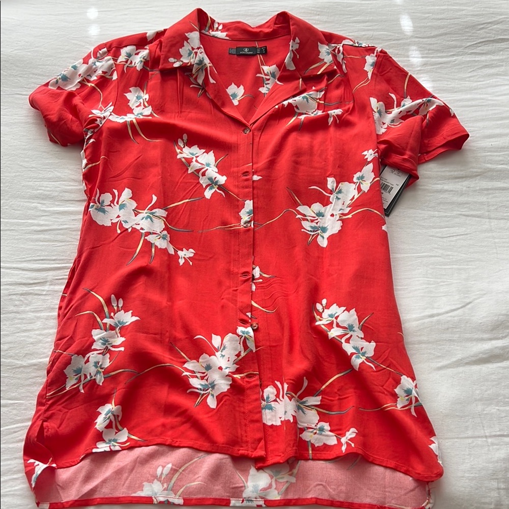 Volcom Red Short Sleeve Button Down Shirt Dress